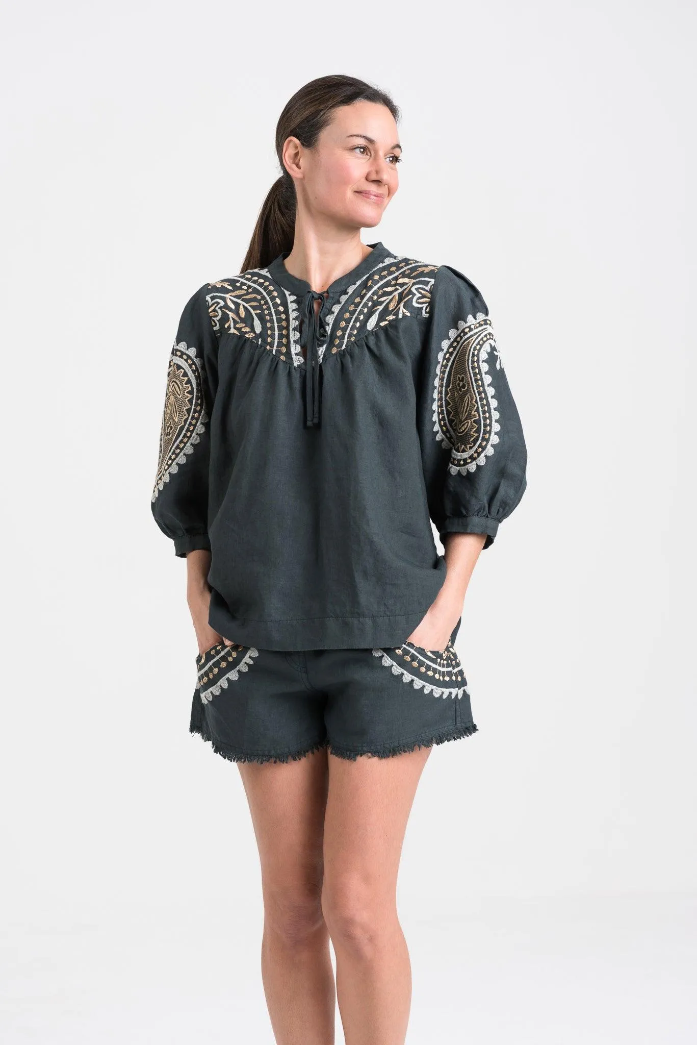 Kori Embroidered Linen Blouse | Charcoal & Gold