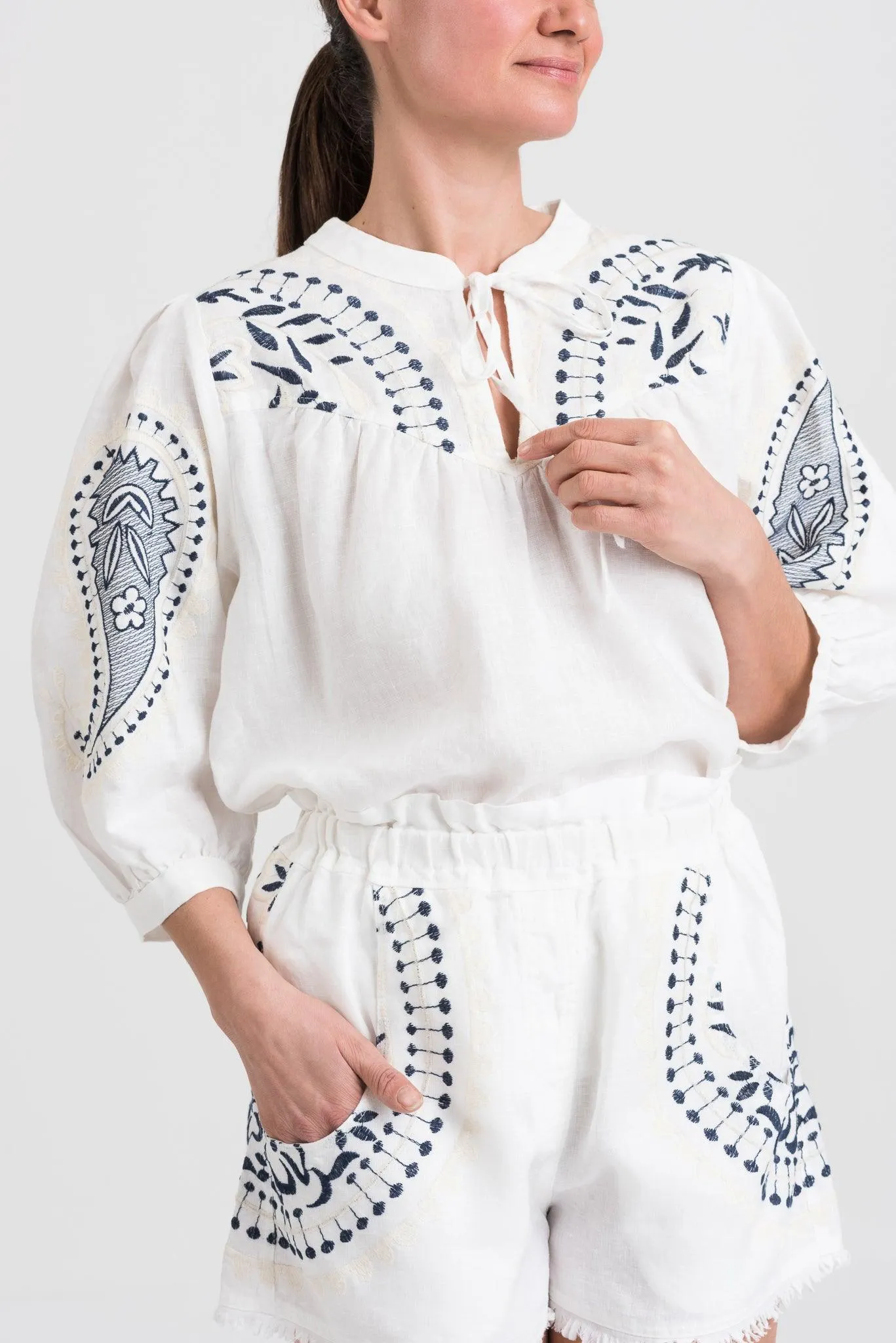 Kori Embroidered Linen Shorts | White & Blue