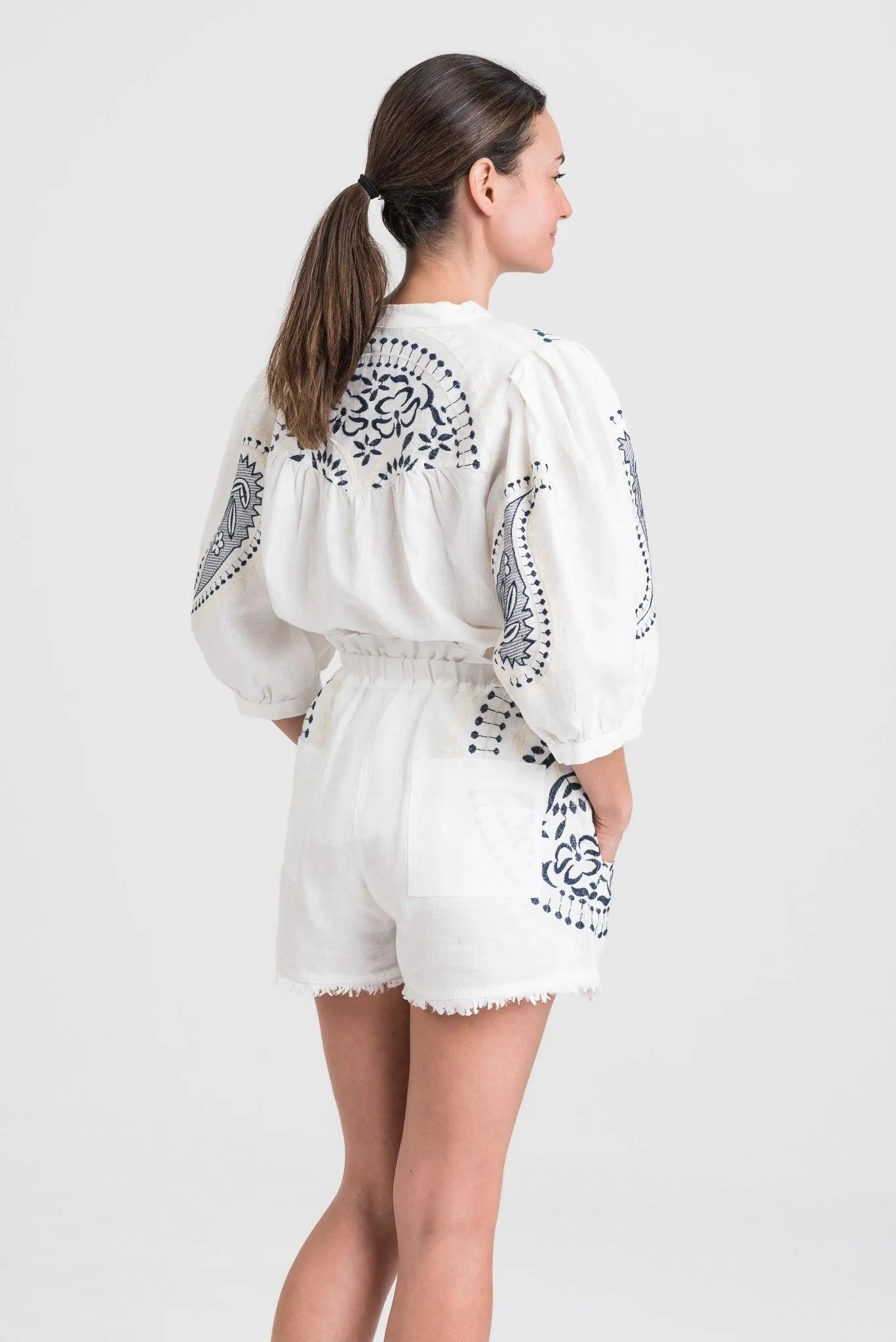 Kori Embroidered Linen Shorts | White & Blue