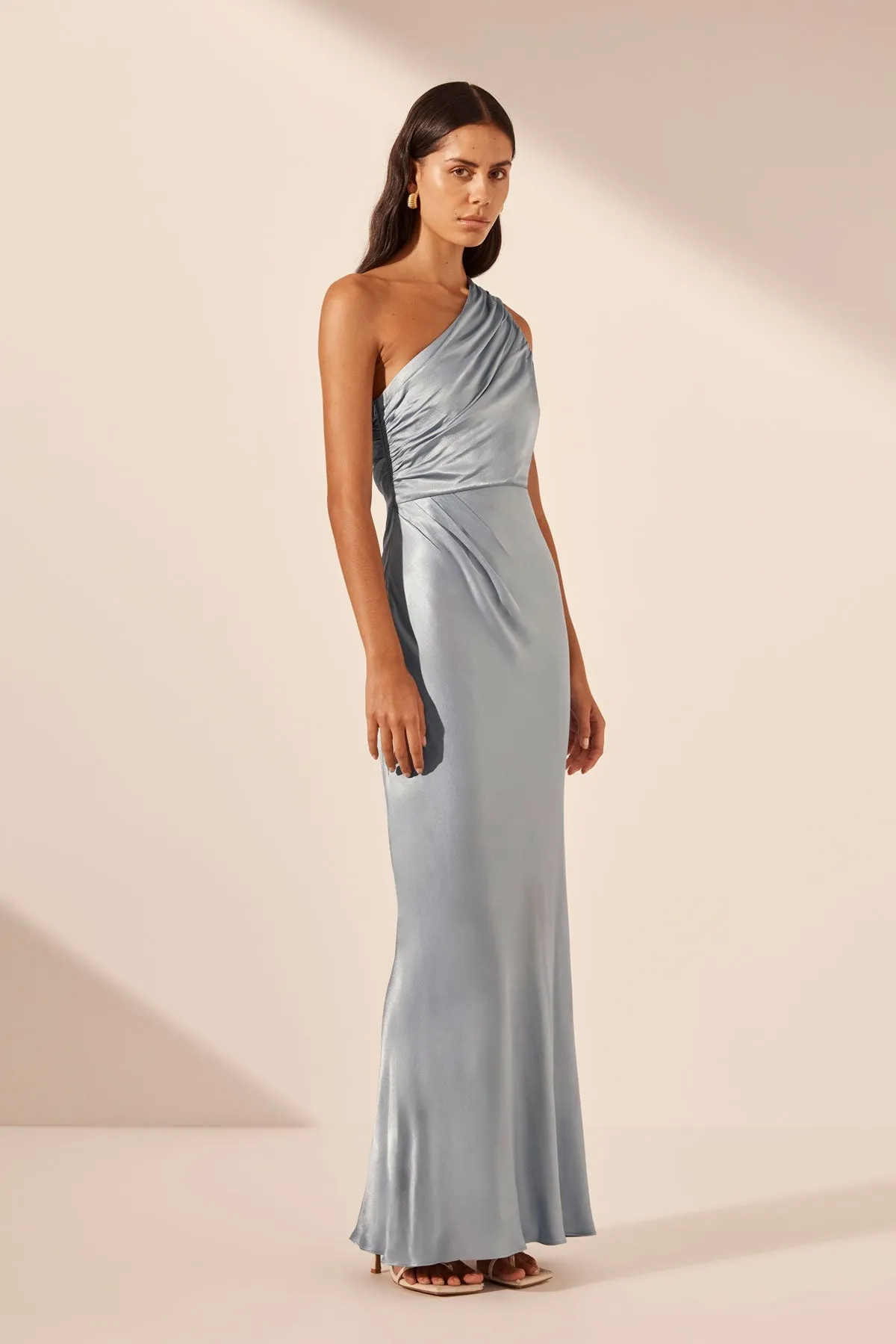 LA LUNE GATHERED ONE SHOULDER MAXI DRESS - POWDER BLUE