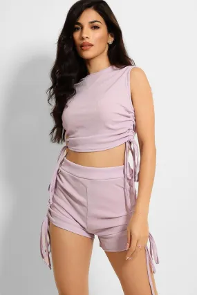 Lilac Ribbed Drawstring Ties Sleeveless Top And Shorts Set