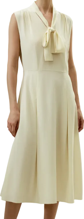 LILYSILK Cream 100% Silk Saudade Tie Neck Midi Dress UK 4