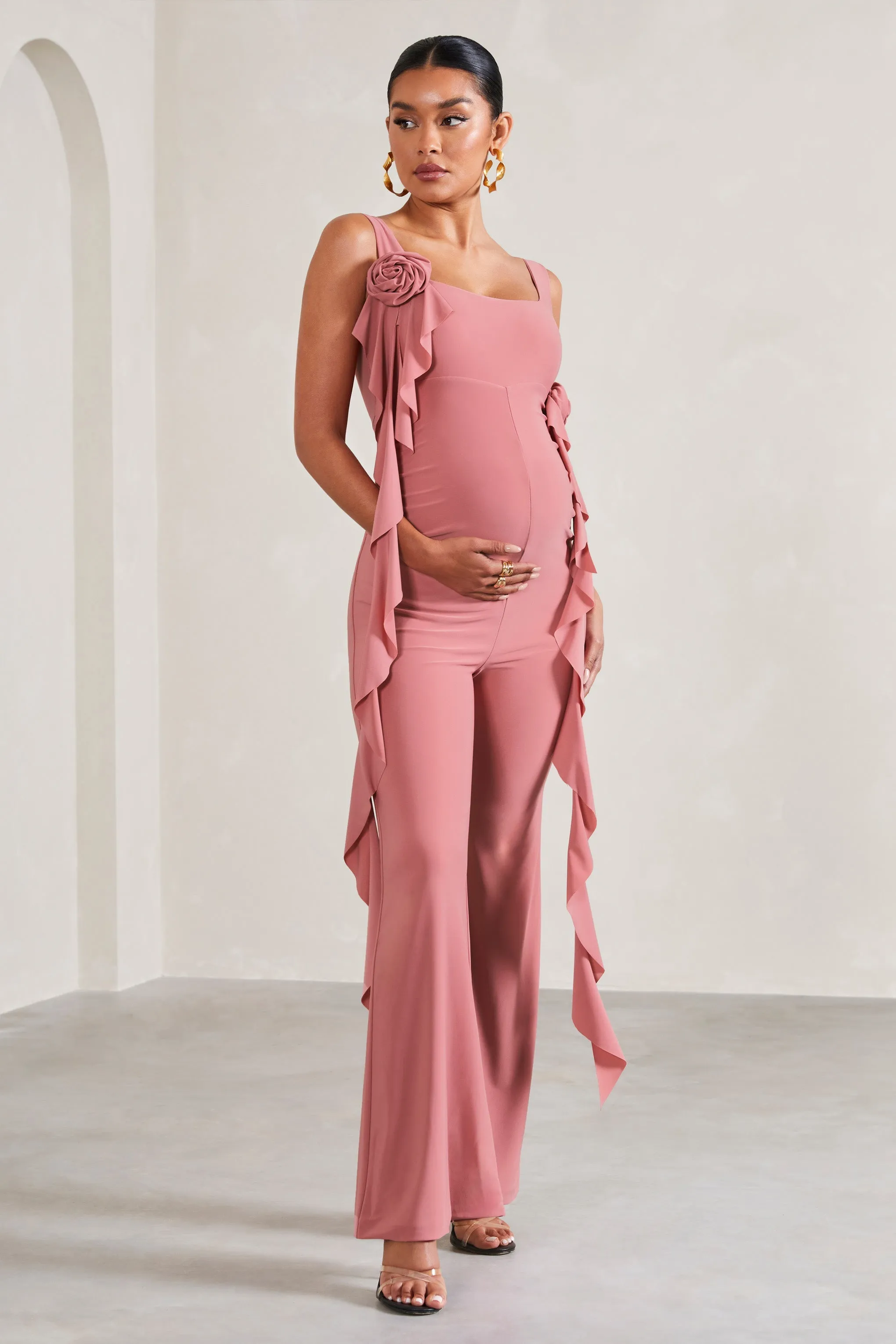 Magnolia | Blush Pink Square-Neck Flared-leg Maternity Jumpsuit With Flowers