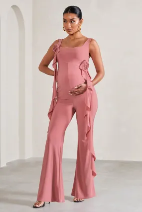 Magnolia | Blush Pink Square-Neck Flared-leg Maternity Jumpsuit With Flowers