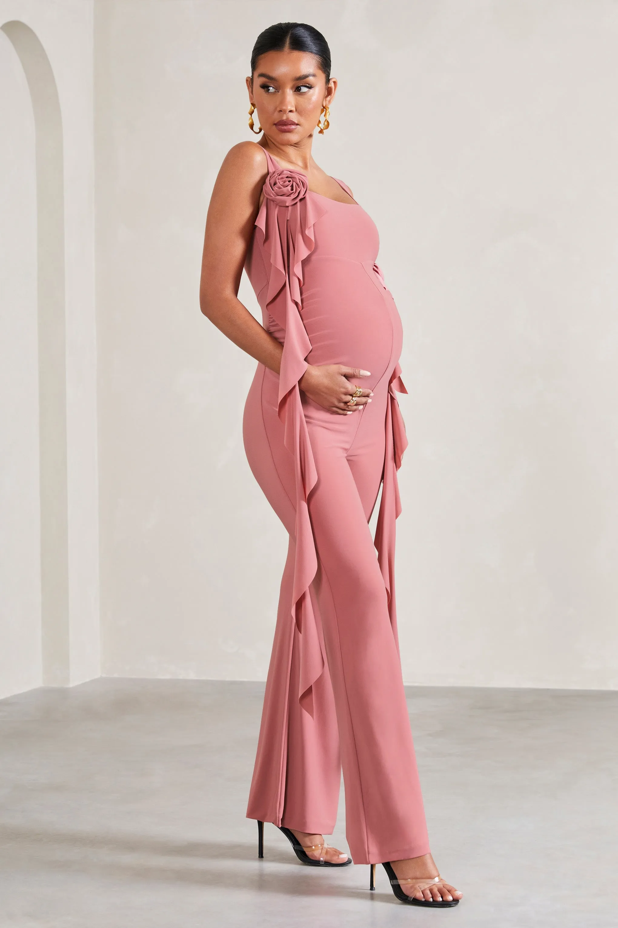 Magnolia | Blush Pink Square-Neck Flared-leg Maternity Jumpsuit With Flowers