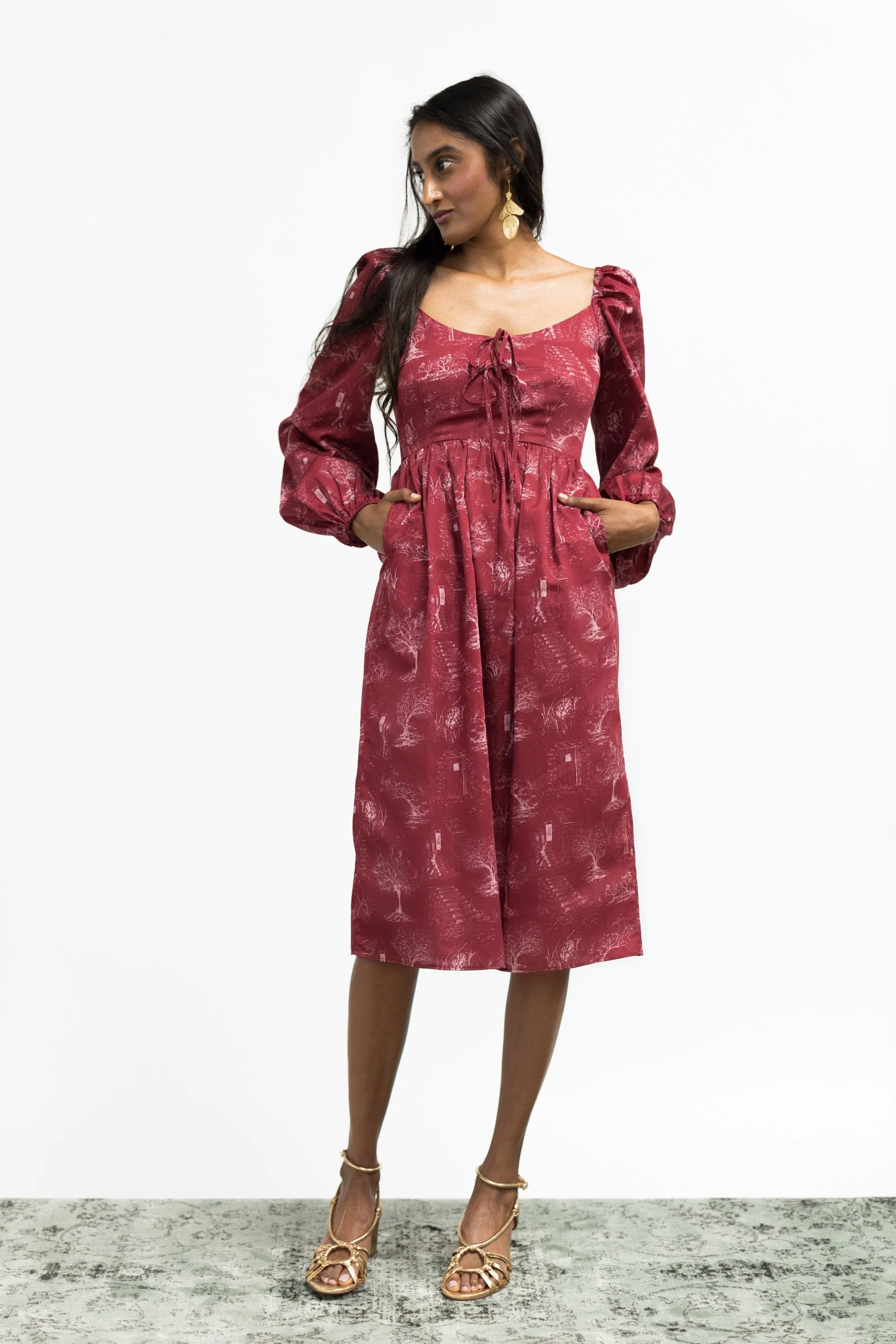 Marcela Dress / Ruby Red   Alabaster Cotton Toile