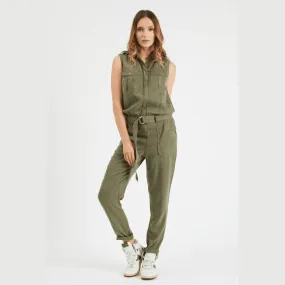 Military Sleeveless Zipper Belted Jumpsuit