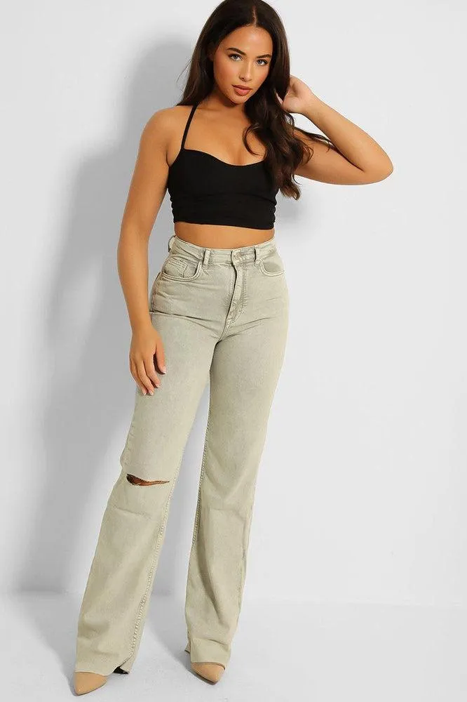 Mint Slashed Knee Straight Leg Jeans