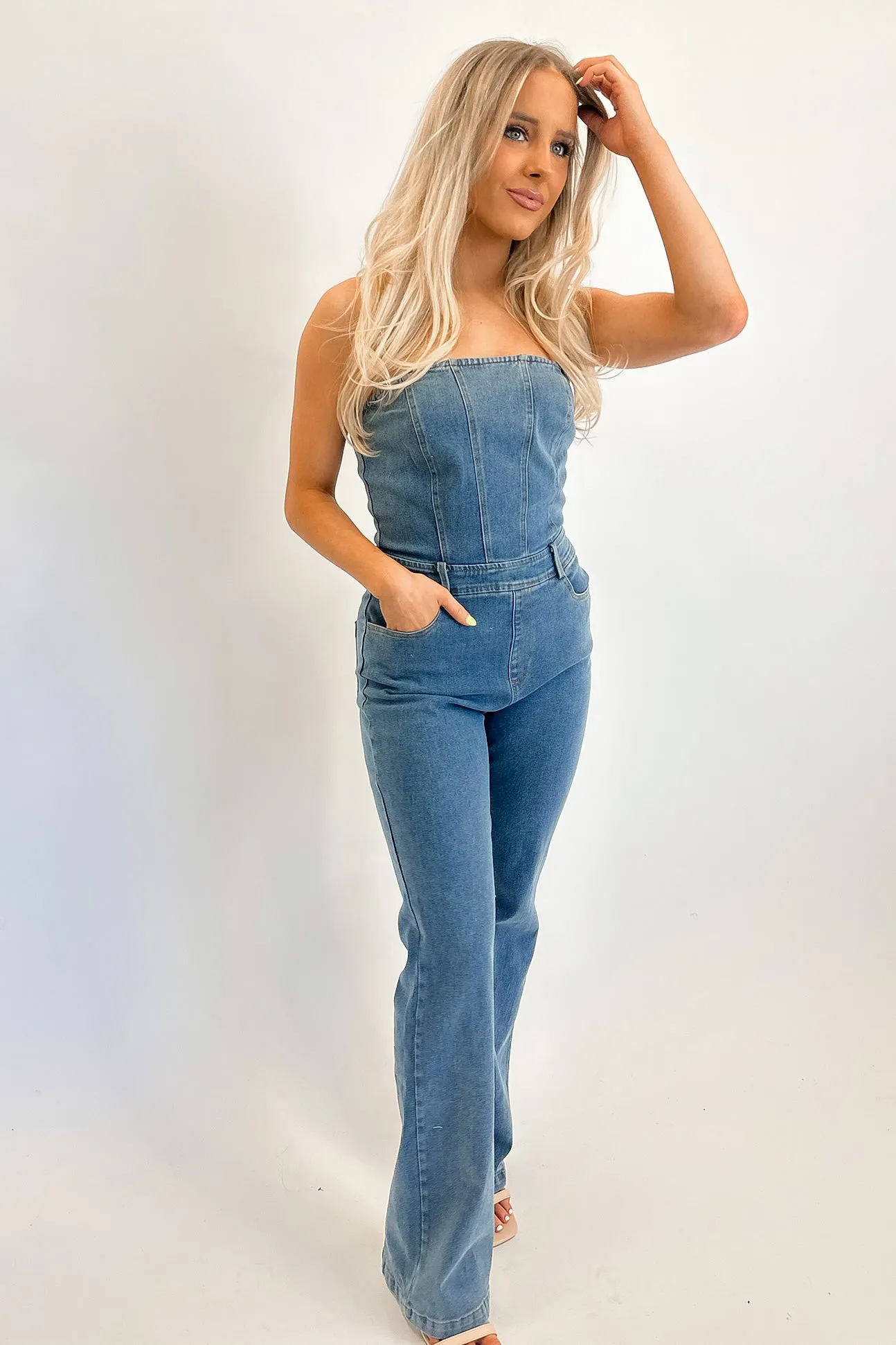 Morgan Strapless Denim Jumpsuit