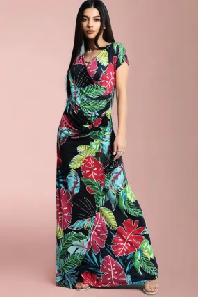 Navy Blue Large Tropical Leaves Print Maxi Slinky Dress