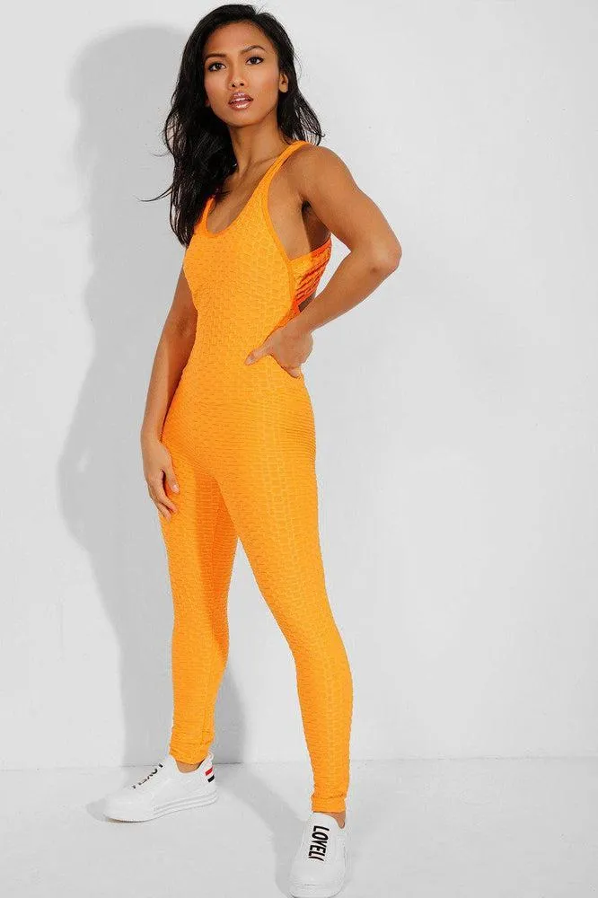 Neon Orange Ruched Crisscross Back Jumpsuit