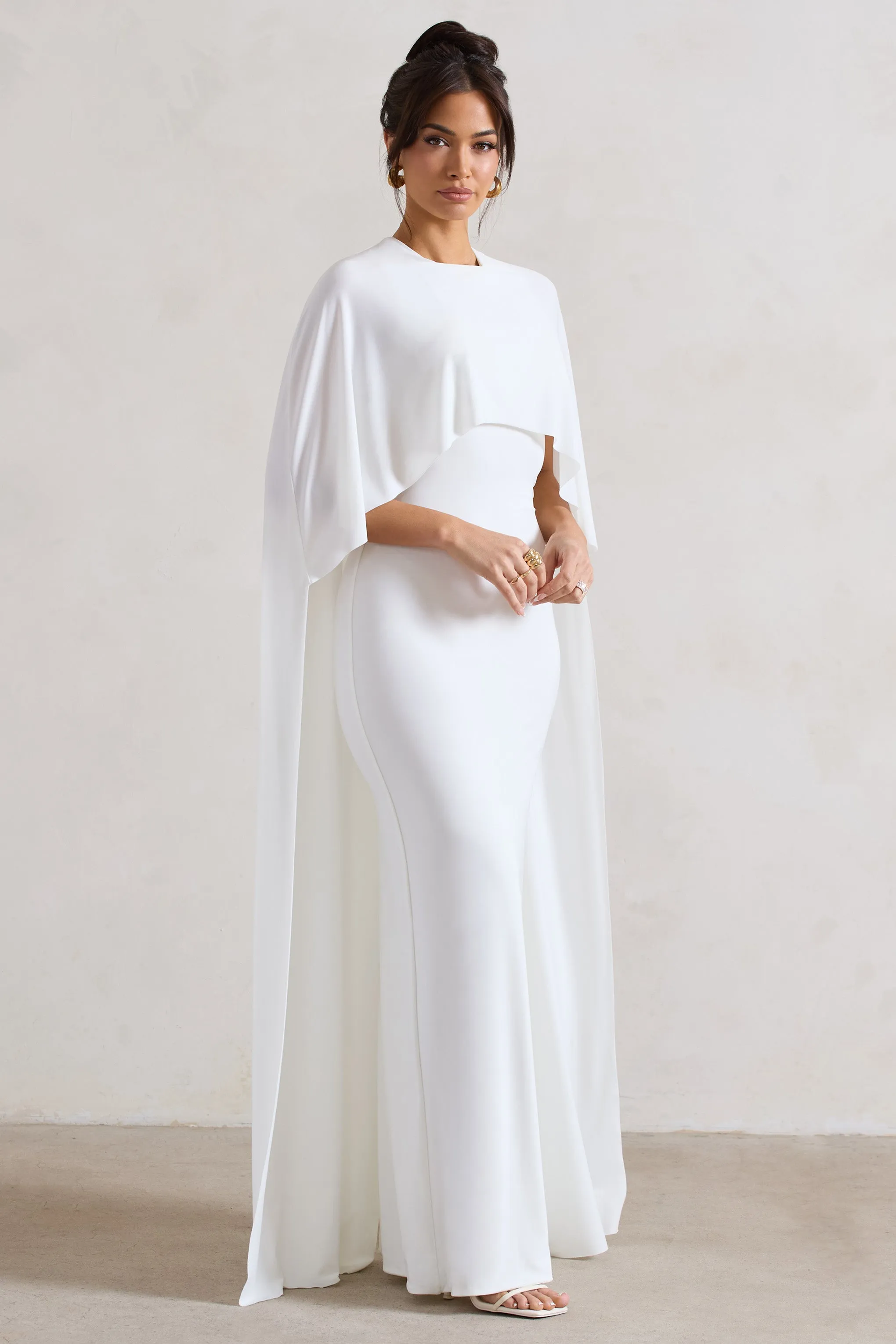 Padma | White Draped Maxi Dress With Cape Sleeves