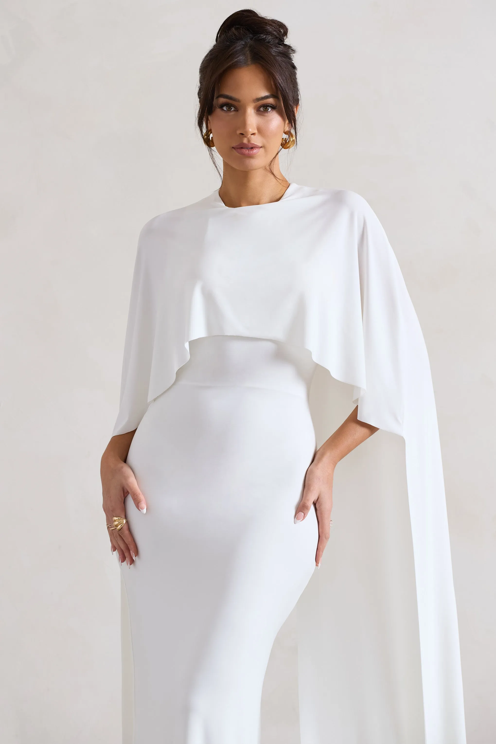 Padma | White Draped Maxi Dress With Cape Sleeves