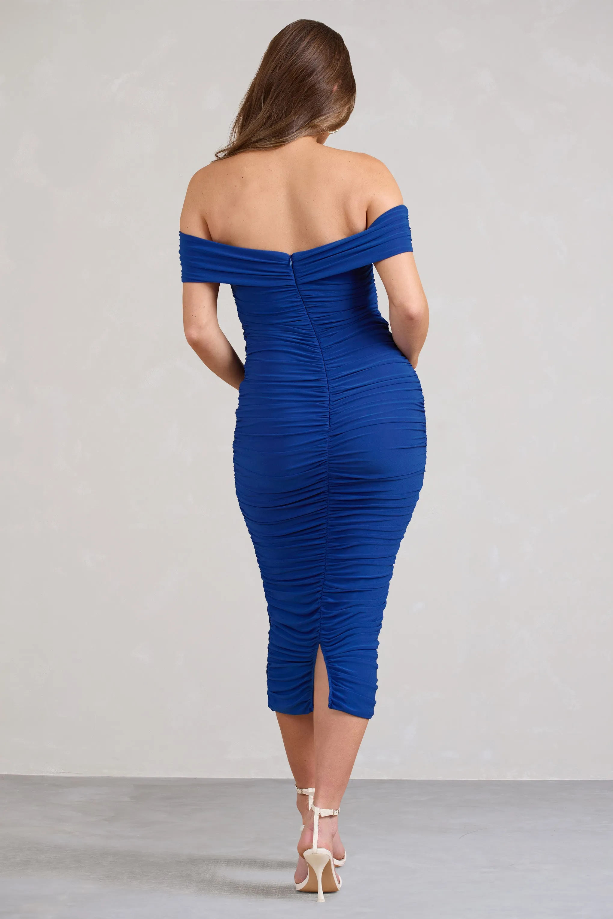 Perfection | Cobalt Blue Off Shoulder Ruched Maternity Midi Dress