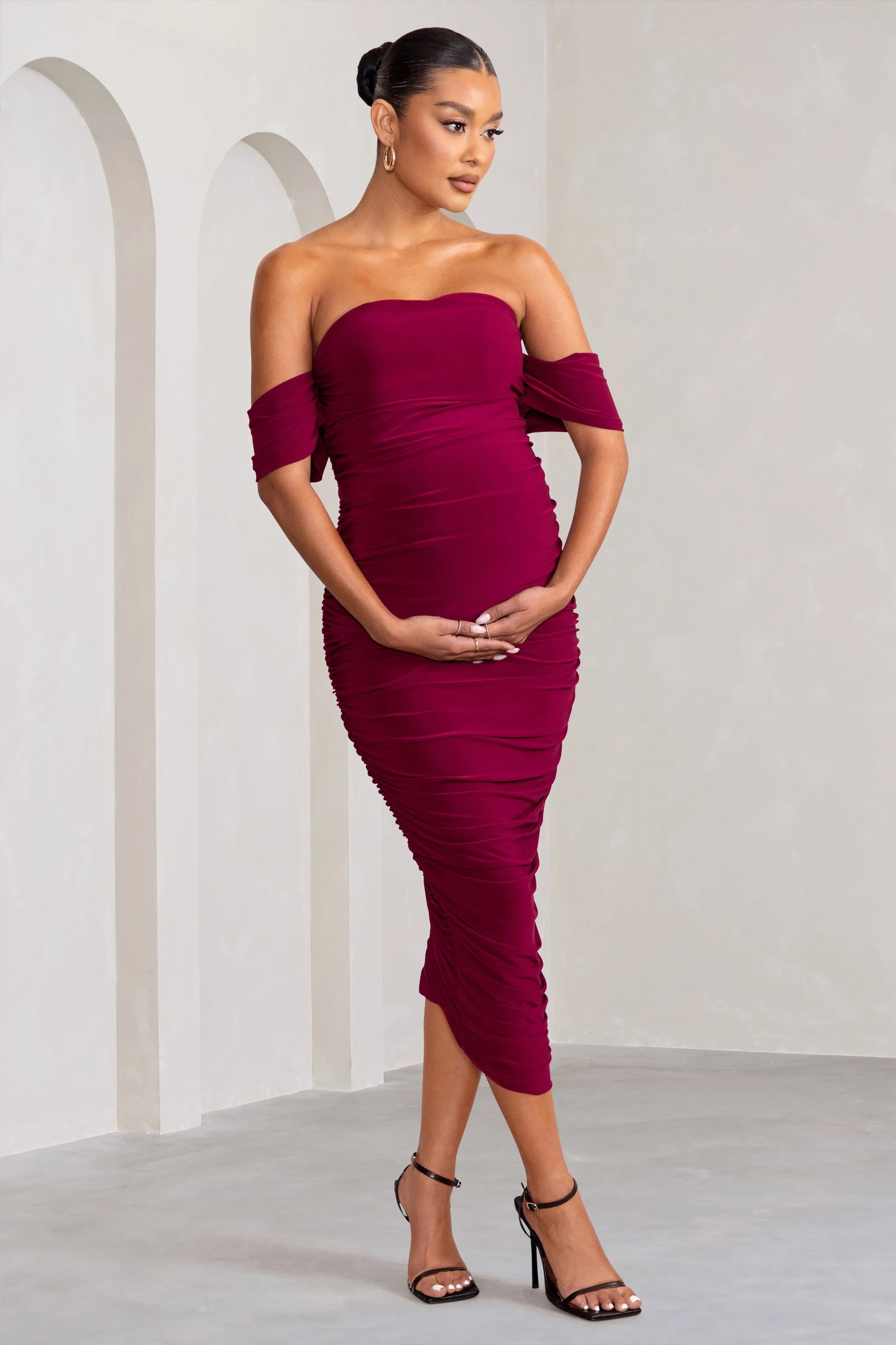 Plus One | Berry Maternity Ruched Bardot Midi Dress