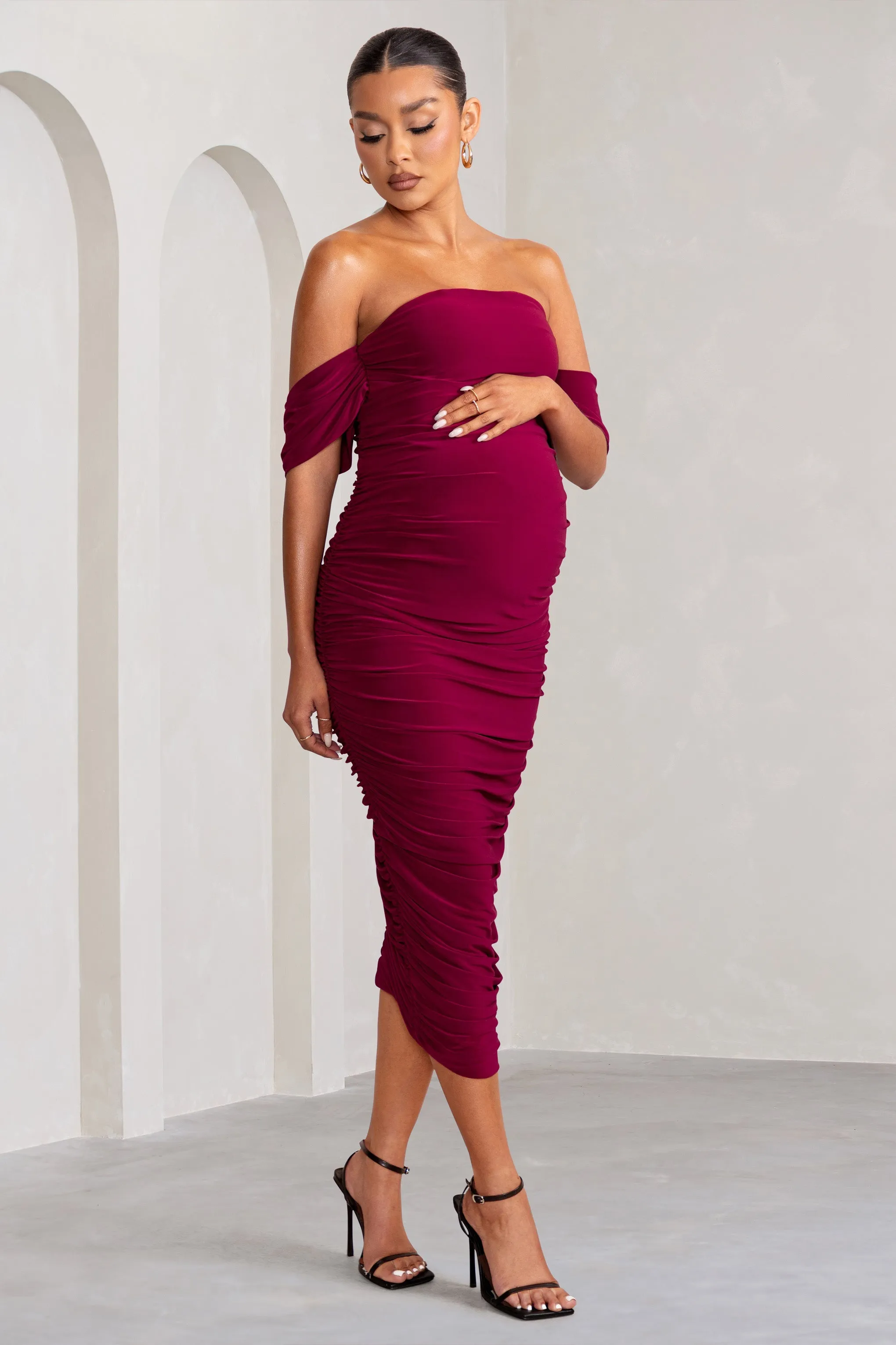 Plus One | Berry Maternity Ruched Bardot Midi Dress