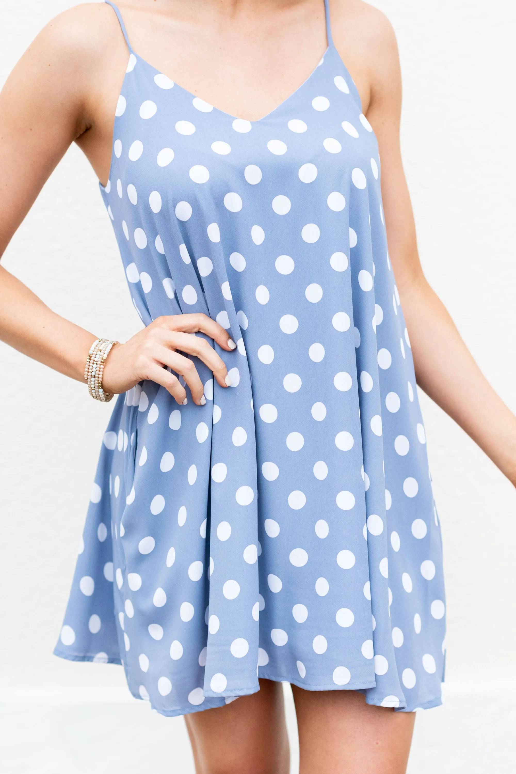 Polka Dot Party Dress, Light Denim-Ivory