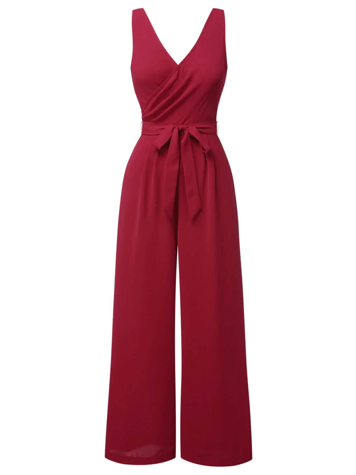 [Pre-Sale] Red 1930s Solid Wasit Tie V-Neck Jumpsuit