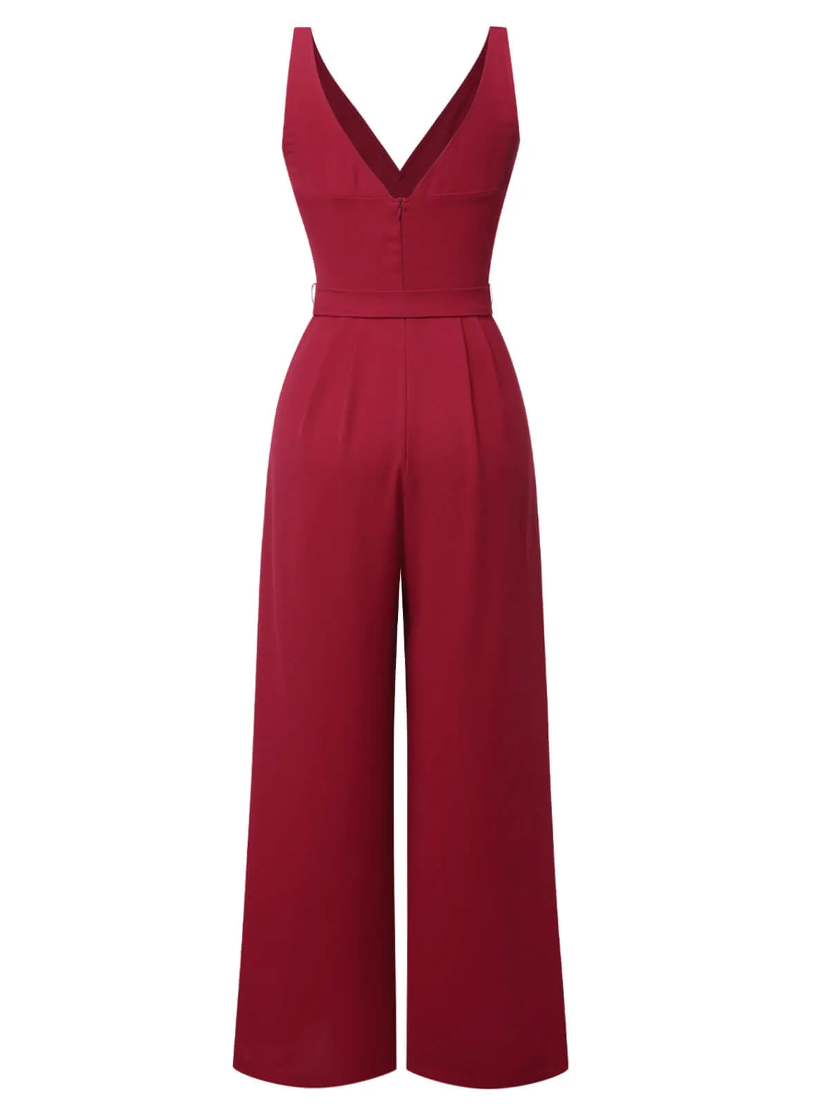 [Pre-Sale] Red 1930s Solid Wasit Tie V-Neck Jumpsuit