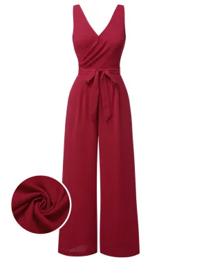 [Pre-Sale] Red 1930s Solid Wasit Tie V-Neck Jumpsuit