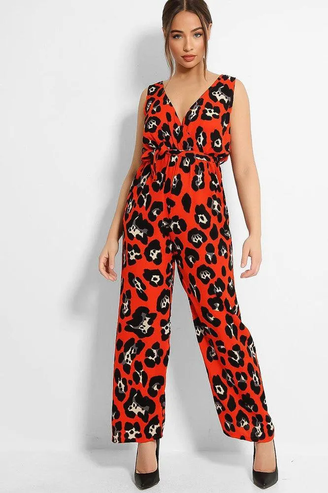 Red Black Leopard Print Sleeveless Jumpsuit