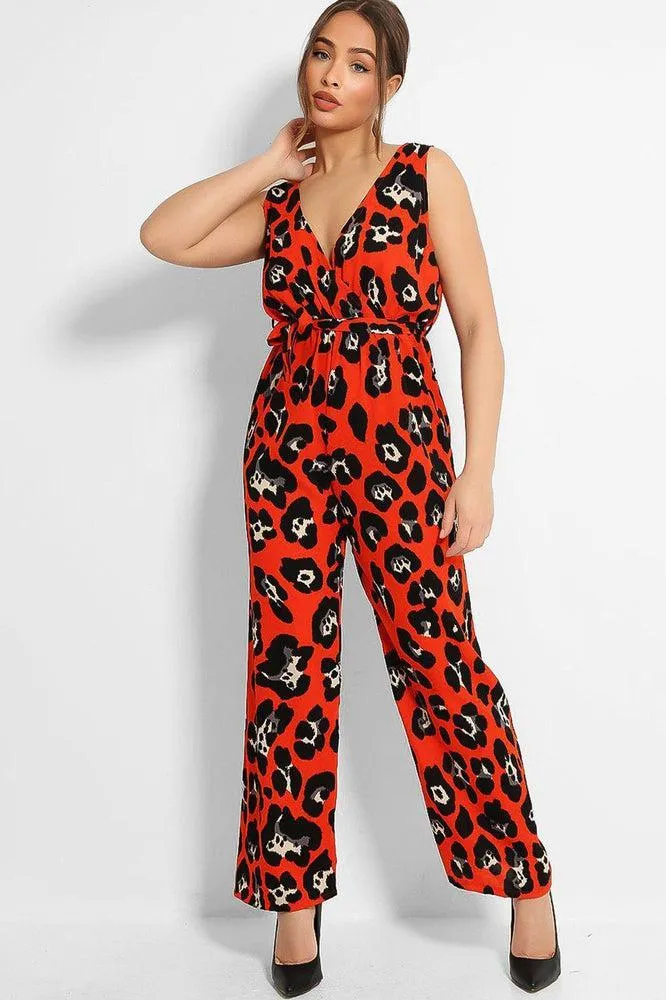 Red Black Leopard Print Sleeveless Jumpsuit