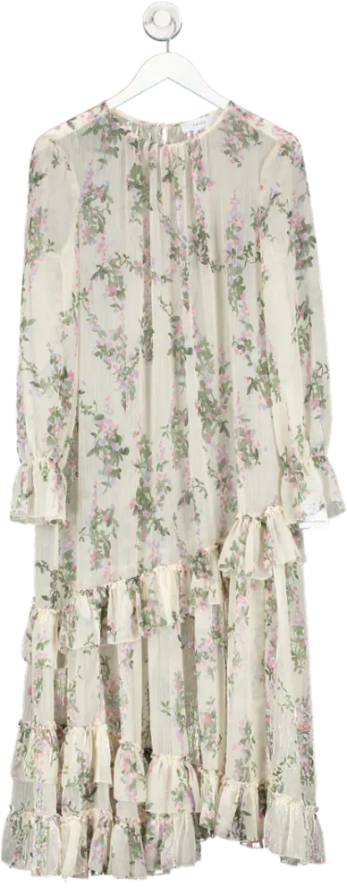 REISS Cream Floral Long Sleeve Sheer Maxi Dress UK 12