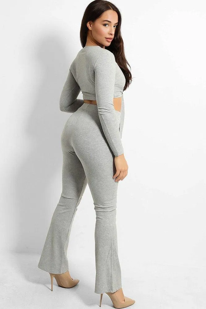 Ribbed Jersey Crop Tie Top And Trousers Set