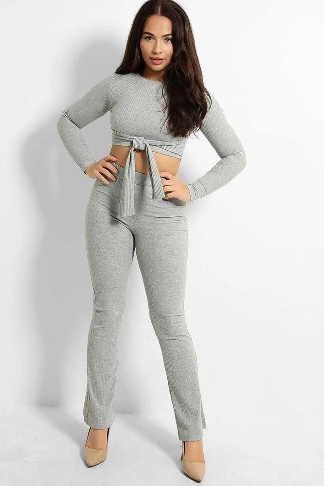 Ribbed Jersey Crop Tie Top And Trousers Set