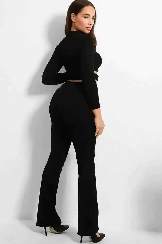 Ribbed Jersey Cut Out Details Crop Top And Trousers Set