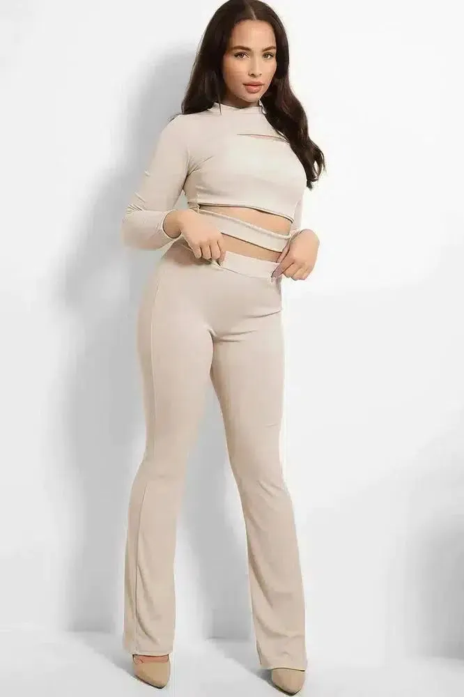 Ribbed Jersey Cut Out Details Crop Top And Trousers Set