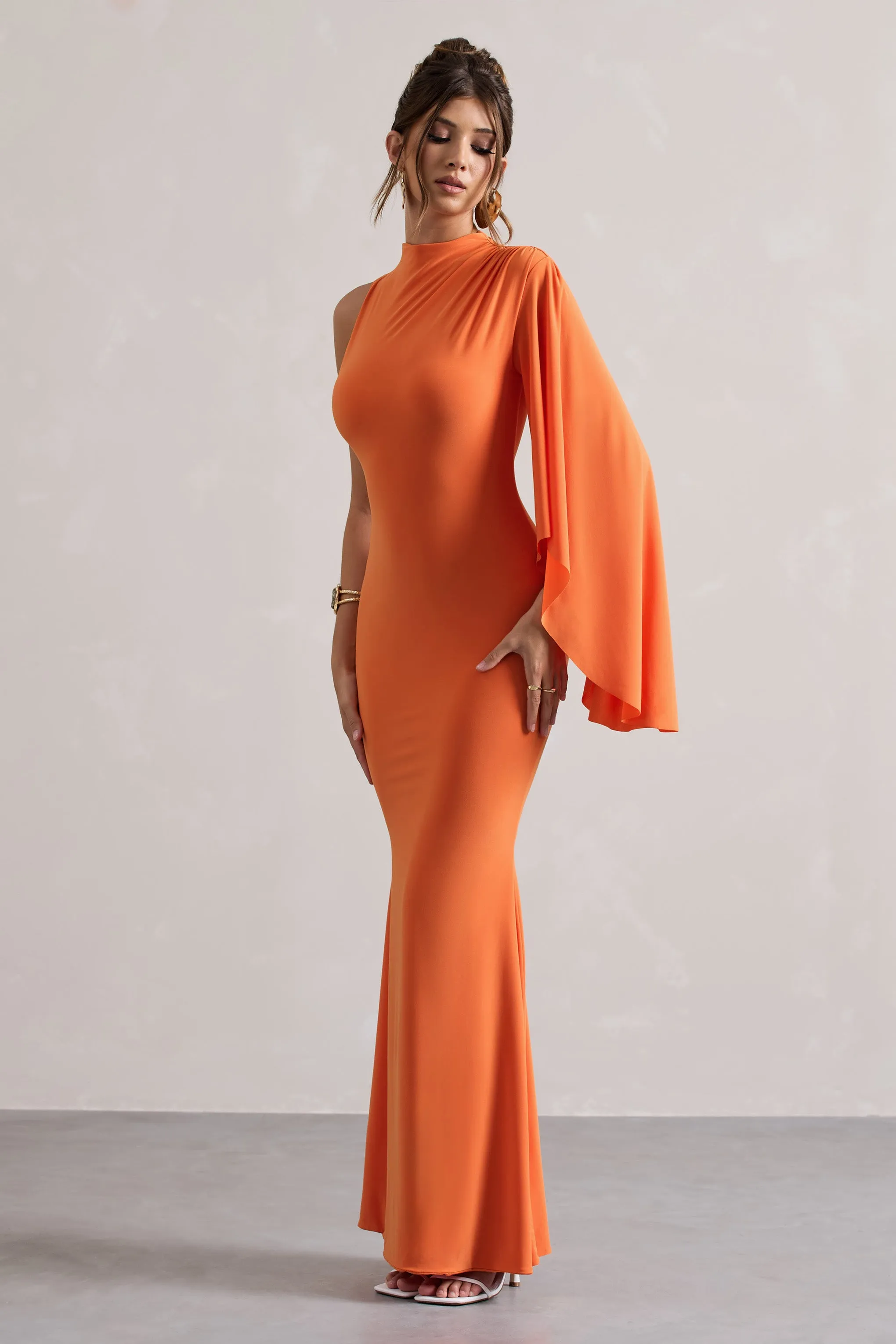 Samaya | Orange High-Neck Cape-Sleeve Maxi Dress