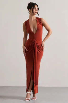 Santana | Terracotta Plunge-Neck Split Maxi Dress With Knot Detail