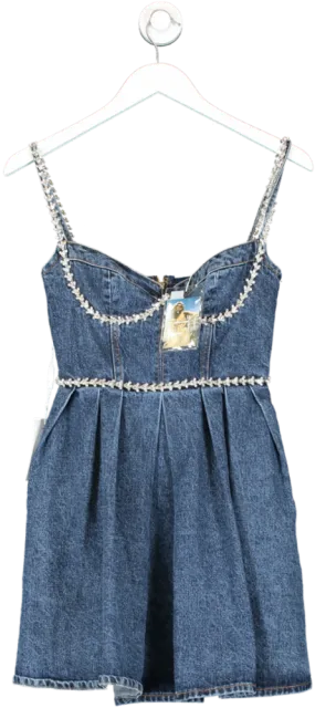 SELF PORTRAIT Blue Crystal-embellished Sweetheart Denim Mini Dress UK 4