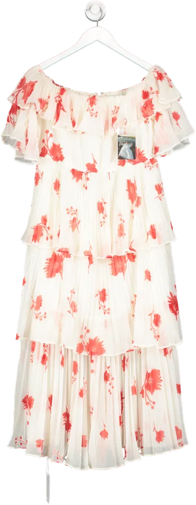 Self-Portrait White White/red Tiered Floral Chiffon Dress UK 12