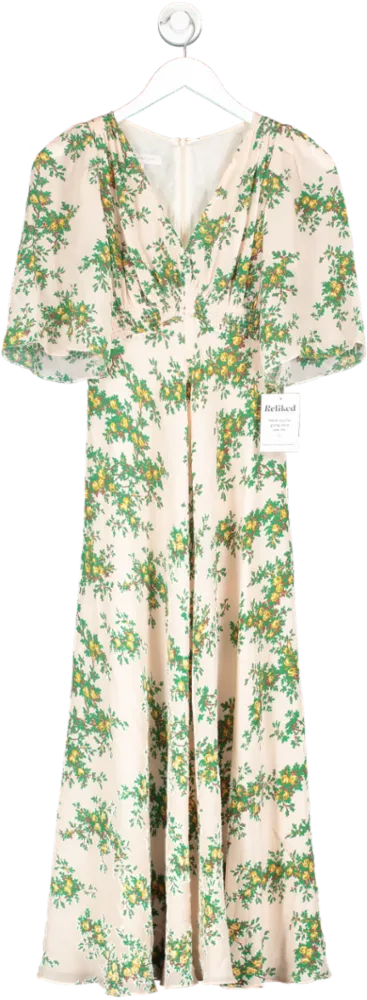 Suzannah Beige Silk Tea Dress With Leaf Print UK 8