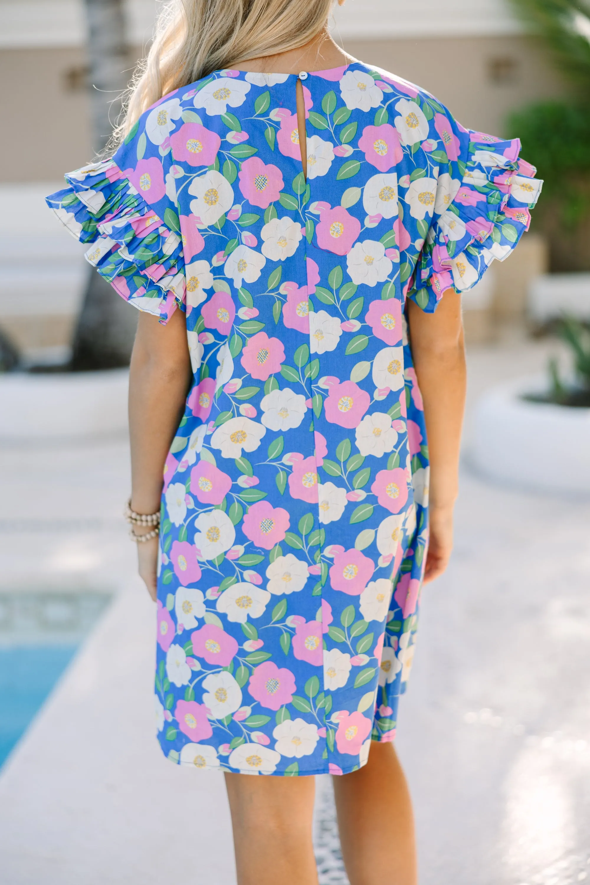 What A Vision Blue Floral Ruffled Dress