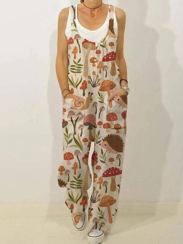 Women's Cute Mushroom Pockets Sleeveless Jumpsuit