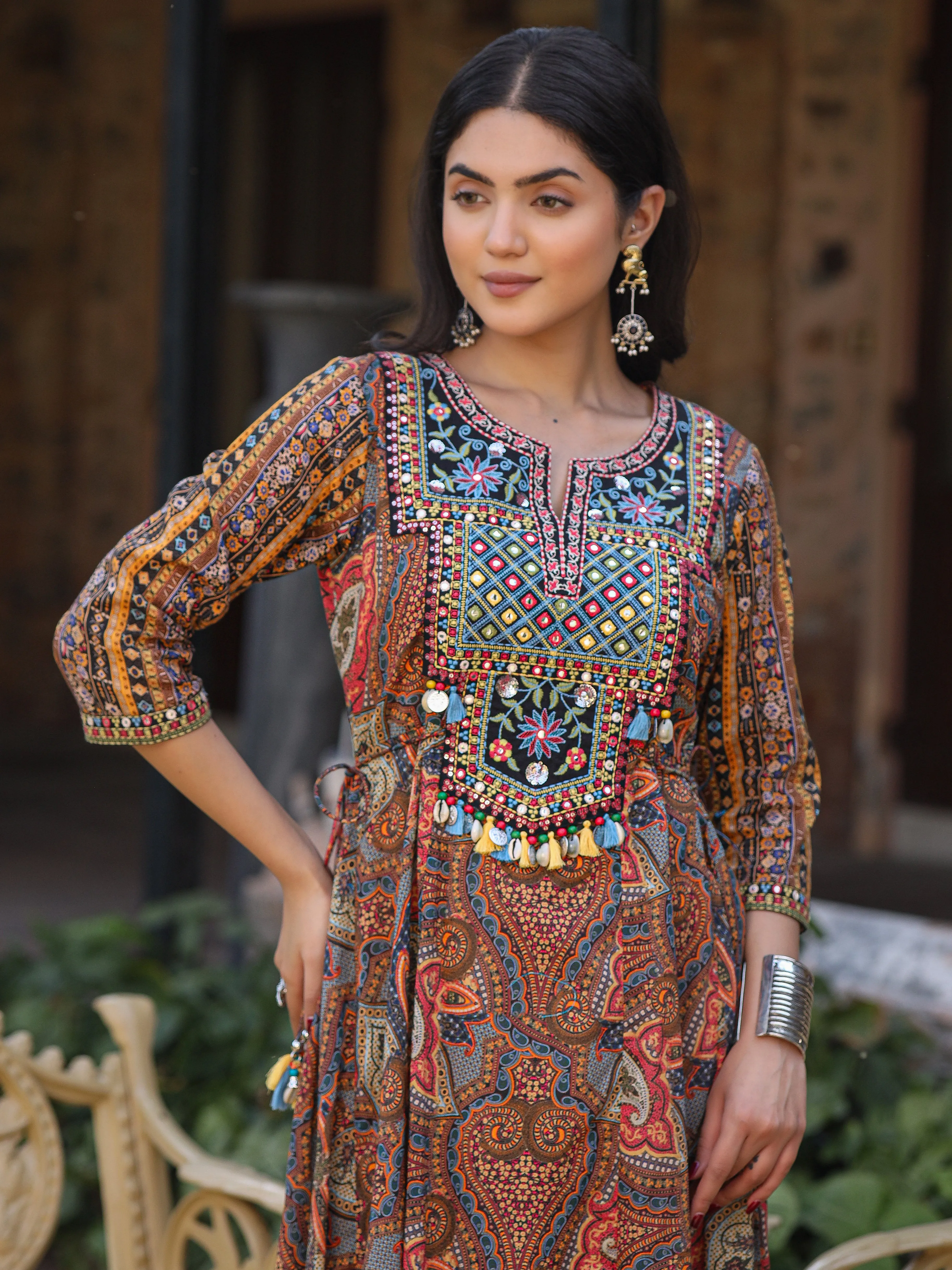 Women's Multi Colored Cotton Ethnic Motif Printed Maxi Dress with Embroidered Yoke