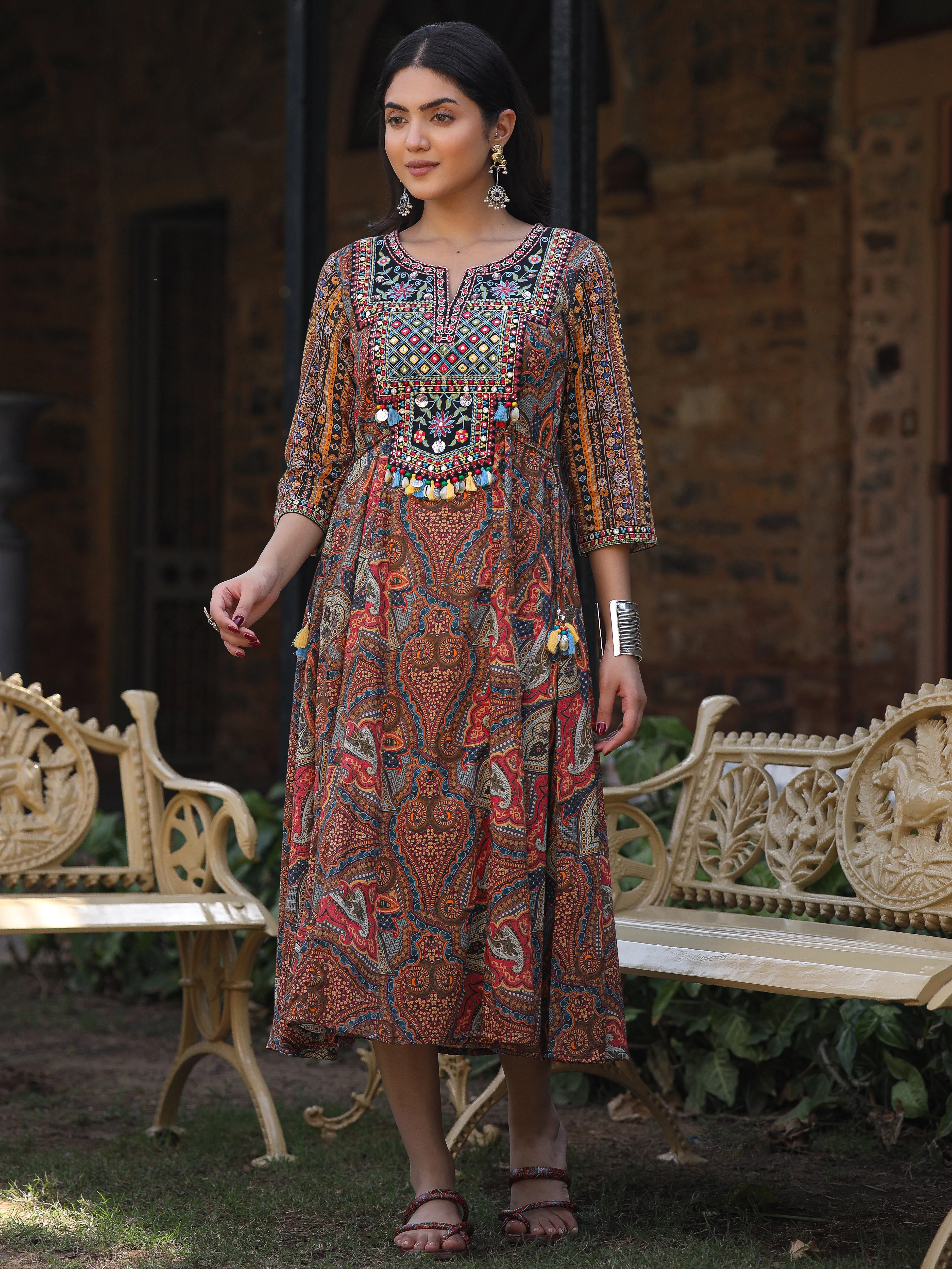 Women's Multi Colored Cotton Ethnic Motif Printed Maxi Dress with Embroidered Yoke